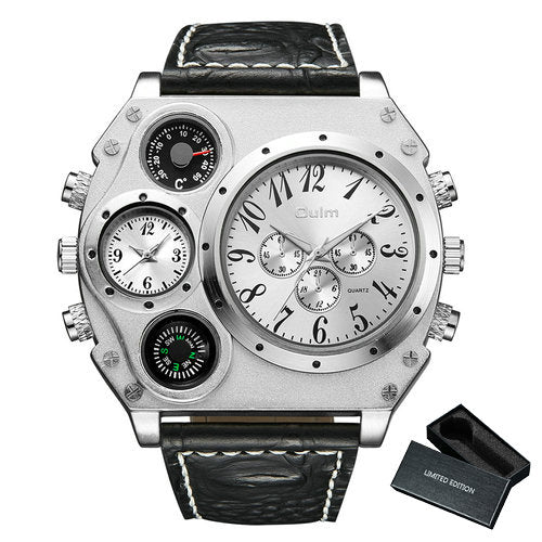 Unique 2 Time Zone Military Big Face Steel Quartz Watch - White