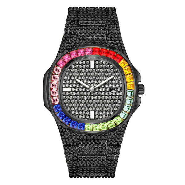 Unique Diamond-Style Rainbow Iced Out Watch - Black