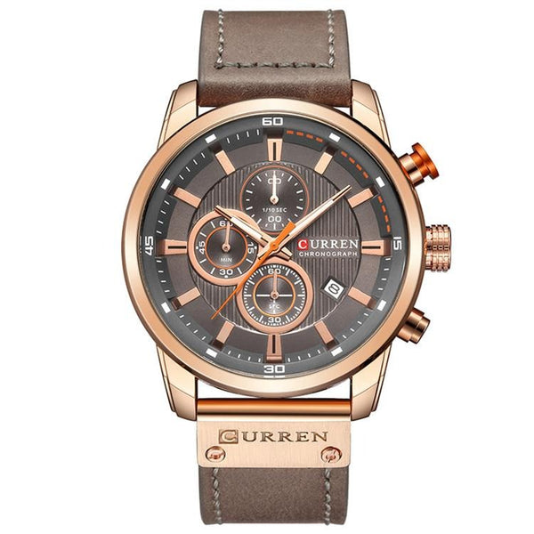 Luxury Big Face Chronograph Steel Watch Leather Band - Rose Gold