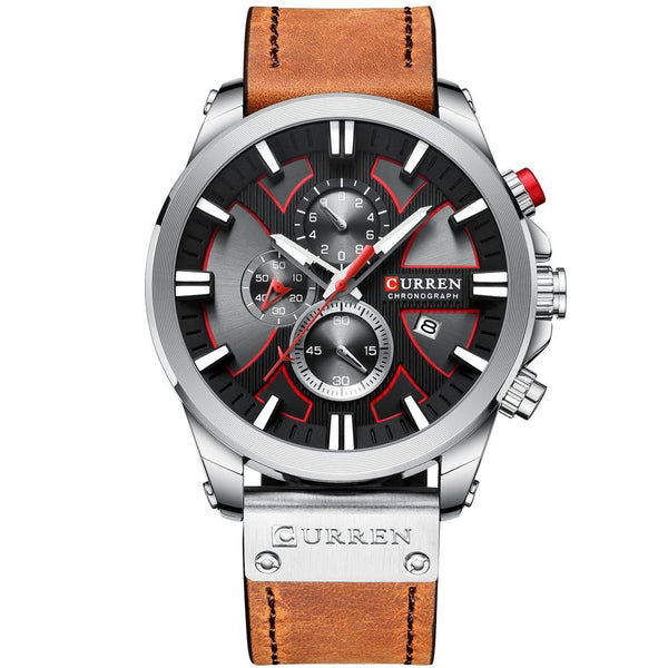Luxury Chronograph Steel Watch Leather Band - Black/Brown
