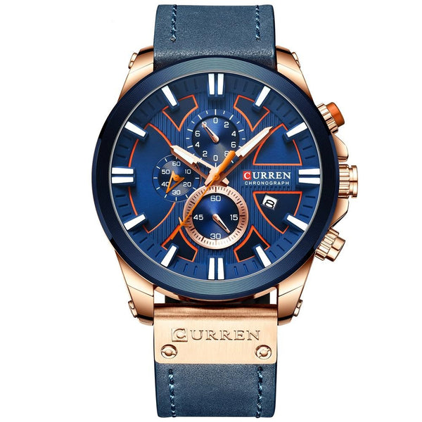 Luxury Chronograph Steel Watch Leather Band - Rose Gold/Blue