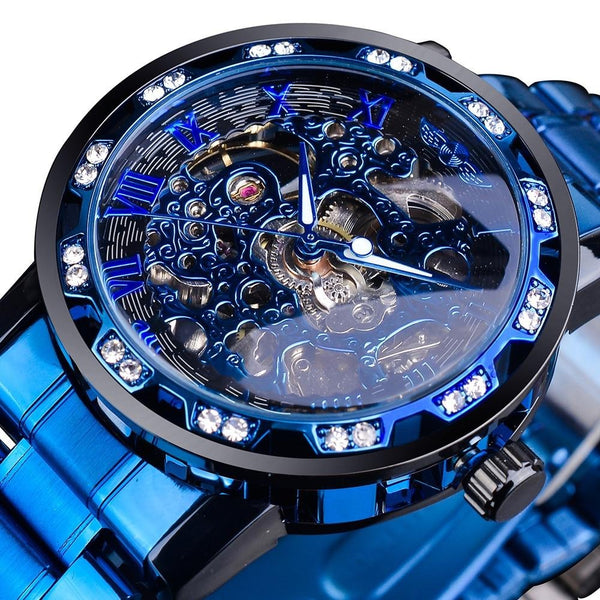 Ultra Luxury Diamond Design Mechanical Steel Skeleton Watch - Blue/Blue/Black