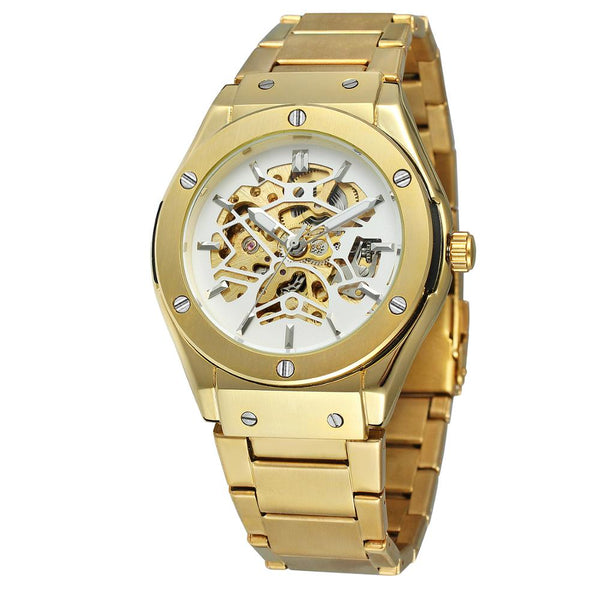 Ultra Luxury Steel Chronograph Skeleton Steel Band Watch - White/Gold