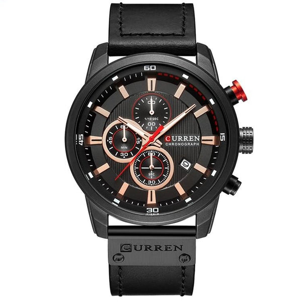 Luxury Big Face Chronograph Steel Watch Leather Band - Black