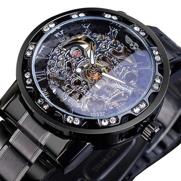 Ultra Luxury Diamond Design Mechanical Steel Skeleton Watch - Steel/Black/Black
