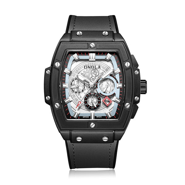 Luxury Chronograph Steel Tonneau Watch - Black/Black
