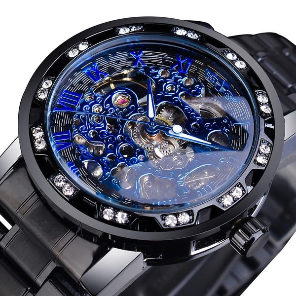 Ultra Luxury Diamond Design Mechanical Steel Skeleton Watch - Blue/Black/Black