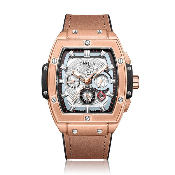 Luxury Chronograph Steel Tonneau Watch - Gold/Brown