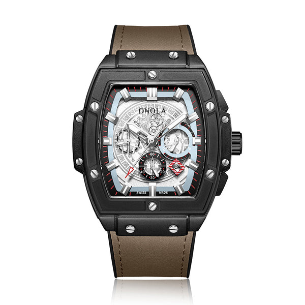 Luxury Chronograph Steel Tonneau Watch - Black/Brown