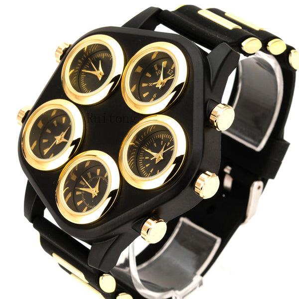 Unique Five Time Zone Silicone Quartz Watch - Gold/Black