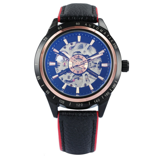 Ultra Luxury Mechanical Leather Skeleton Watch - Gold/Black/Red