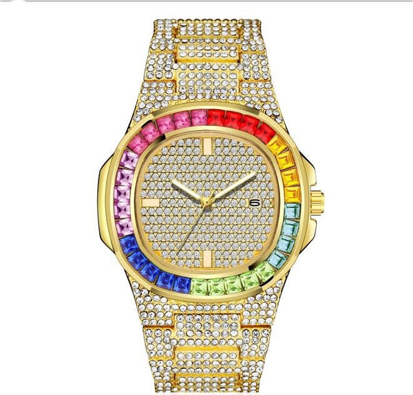 Unique Diamond-Style Rainbow Iced Out Watch - Gold