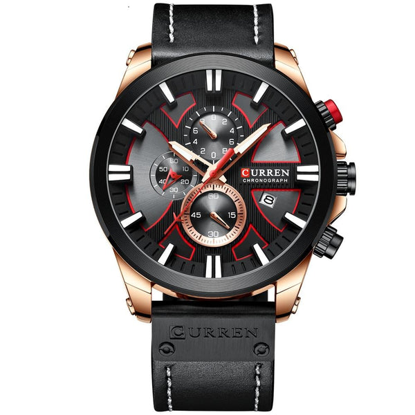 Luxury Chronograph Steel Watch Leather Band - Black/ Rose Gold