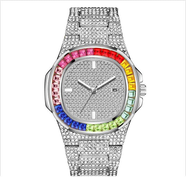 Unique Diamond-Style Rainbow Iced Out Watch - Silver