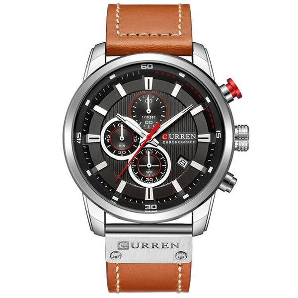 Luxury Big Face Chronograph Steel Watch Leather Band - Silver/Black