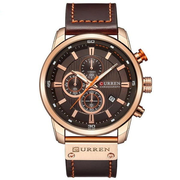 Luxury Big Face Chronograph Steel Watch Leather Band - Rose Gold/Brown
