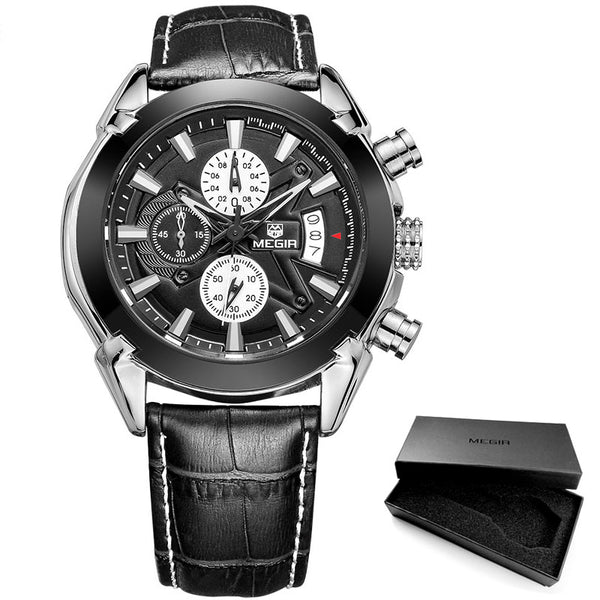 Luxury Leather Quartz Chronograph Watch - Black