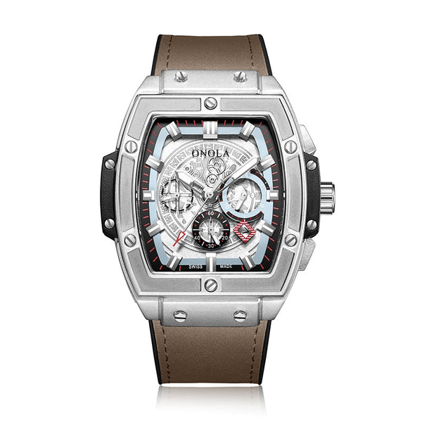 Luxury Chronograph Steel Tonneau Watch - Steel/Brown