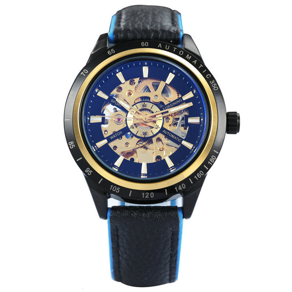 Ultra Luxury Mechanical Leather Skeleton Watch - Gold/Black/Blue