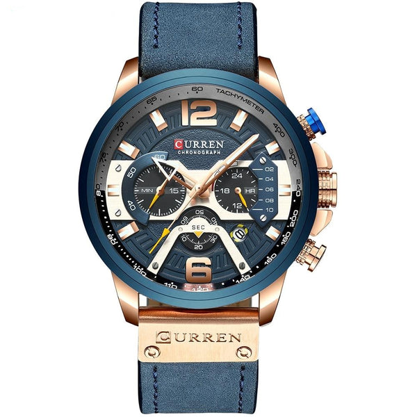 Luxury Steel Chronograph Leather Band Watch - Blue/Rose Gold/Blue