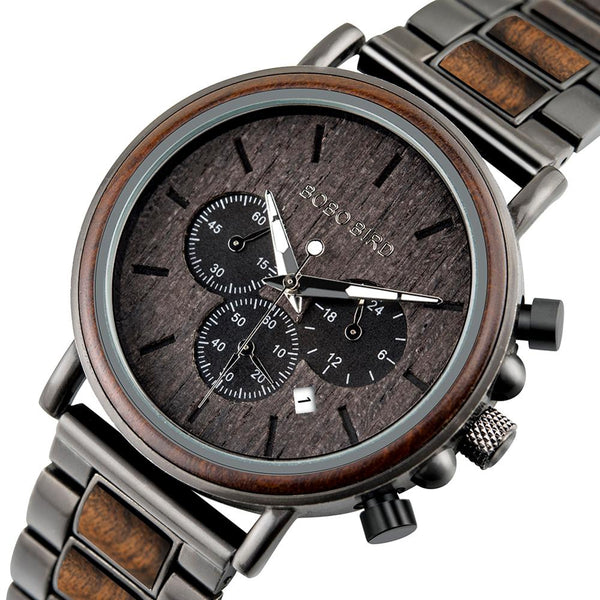 Luxury Wood Stainless Steel Chronograph Watch