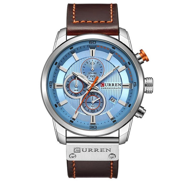Luxury Big Face Chronograph Steel Watch Leather Band - Silver/Blue