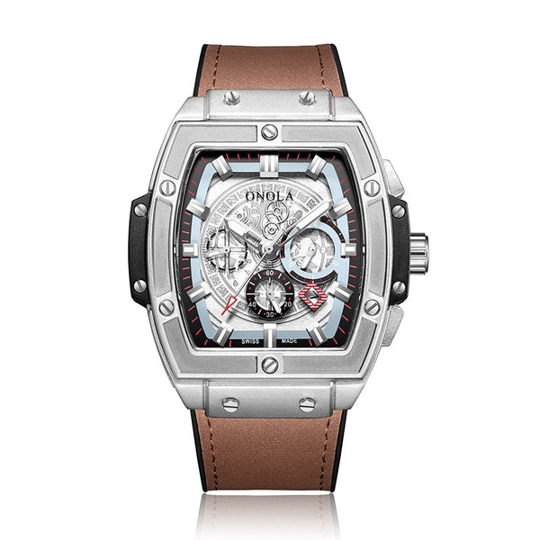 Luxury Chronograph Steel Tonneau Watch - Steel/Brown