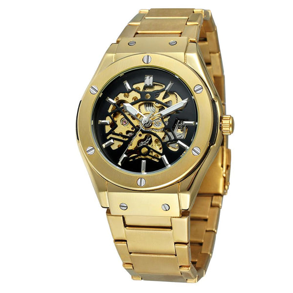 Ultra Luxury Steel Chronograph Skeleton Steel Band Watch - Black/Gold