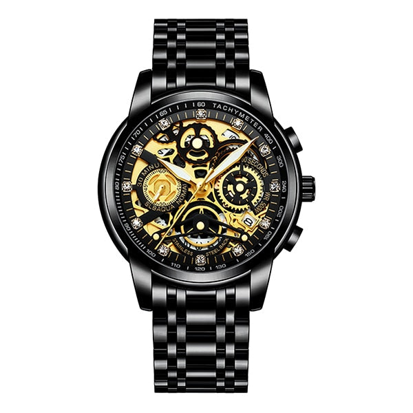 Ultra Luxury Steel Chronograph Skeleton Watch - Black