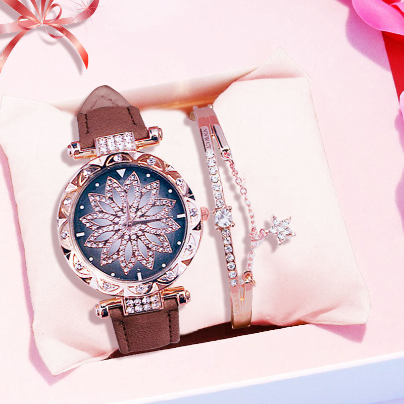 Luxury Diamond-Like Flower Quartz Leather Band Watch With Bracelet - 9 Color Options