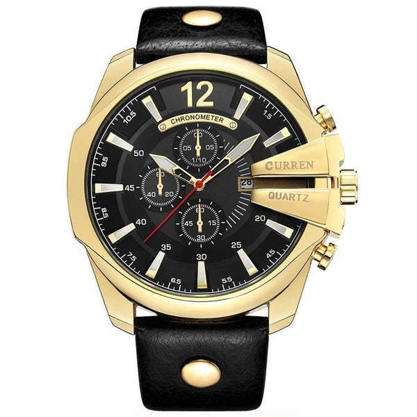 Luxury Quartz Chronograph Leather Watch - Black/Gold/Black