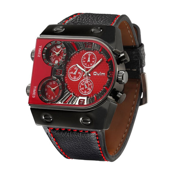 Military Multi Time Zone Stainless Steel Quartz Watch - Red/Black