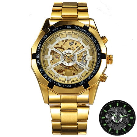 Ultra Luxury Mechanical Steel Skeleton Watch - Gold/Black/White