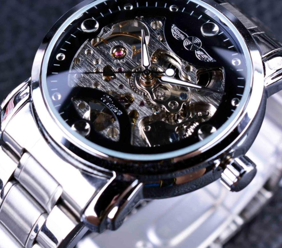 Ultra Luxury Diamond Design Mechanical Steel Skeleton Watch - Black Steel