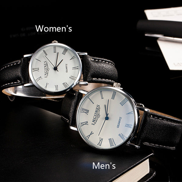 His/Hers Steel Watch Leather Band Pair of  Watches - White/Black