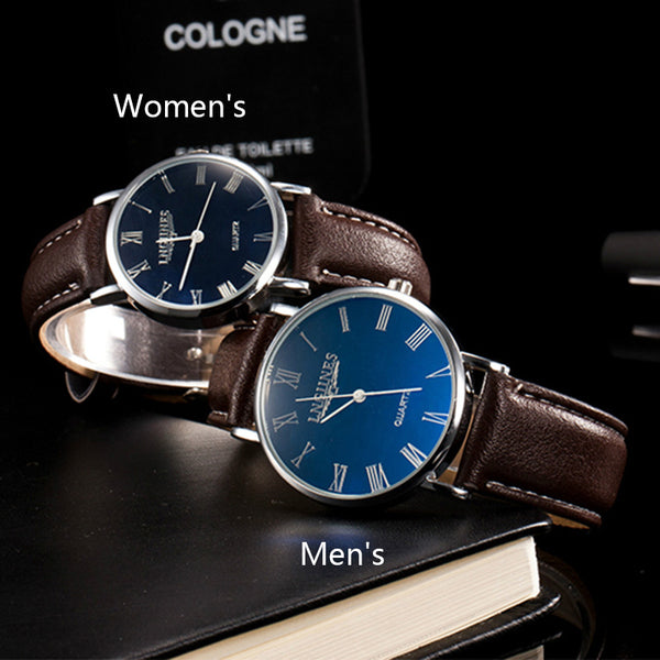 His/Hers Steel Watch Leather Band Pair of  Watches - Blue/Brown