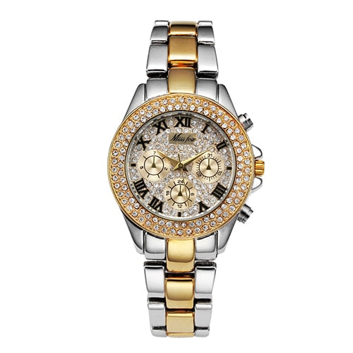 Luxury Diamond-Style Chronograph-Look Steel Band Watch - Silver/Gold