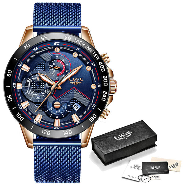 Luxury Waterproof Steel Chronograph Mesh Band Watch - Blue