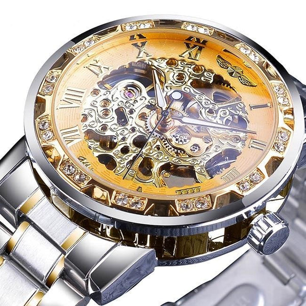 Ultra Luxury Diamond Design Mechanical Steel Skeleton Watch - Gold/Steel