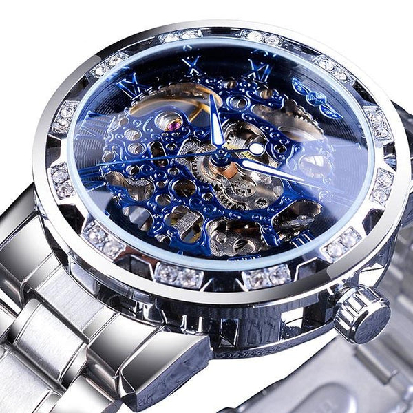 Ultra Luxury Diamond Design Mechanical Steel Skeleton Watch - Blue/Steel/Steel