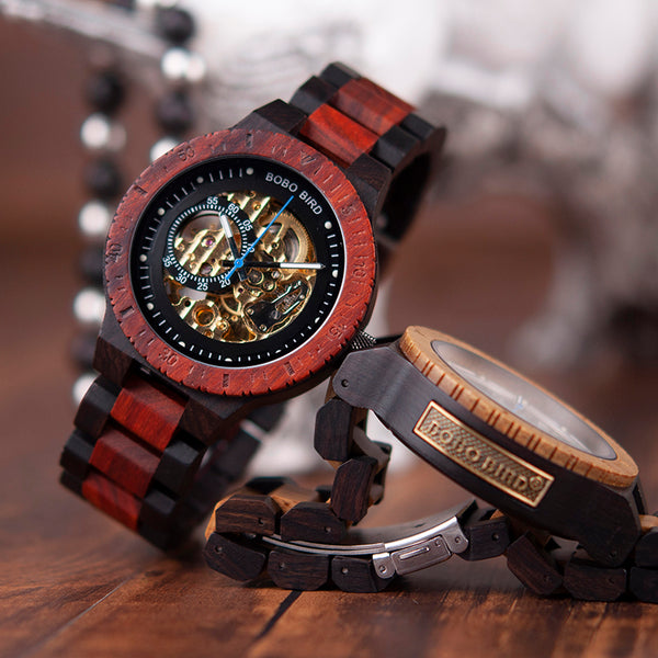 Luxury Automatic Wood Retro Watch - Red/Black