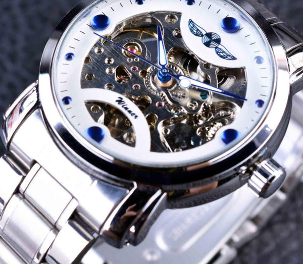 Ultra Luxury Diamond Design Mechanical Steel Skeleton Watch - White Steel