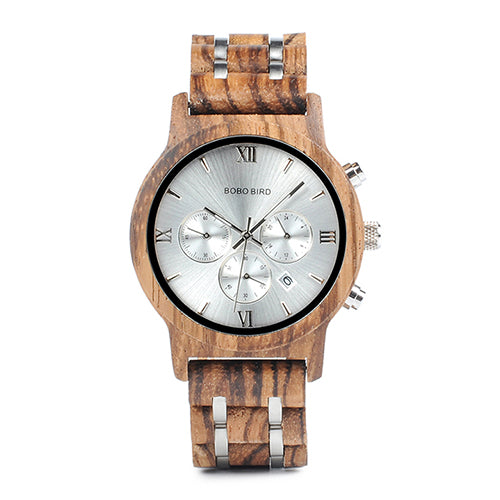 Luxury Wood & Steel Chronograph Watch - Silver/Brown