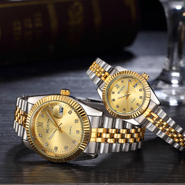 Luxury His/Hers Stainless Steel Quartz Pair of Watches - Gold/Gold/Silver
