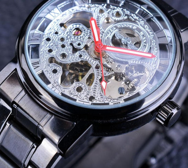 Ultra Luxury Steel Mechanical Skeleton Watch - Black/Red