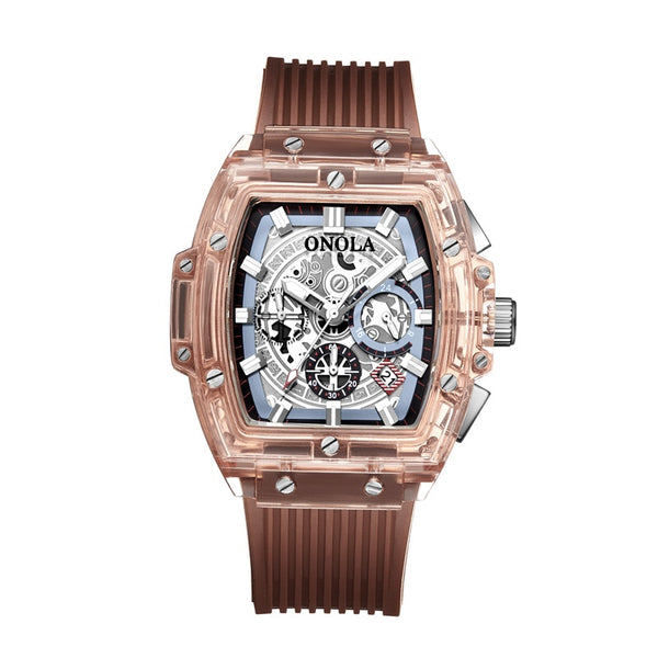 Luxury Transparent Chronograph Skeleton Quartz Watch - Brown