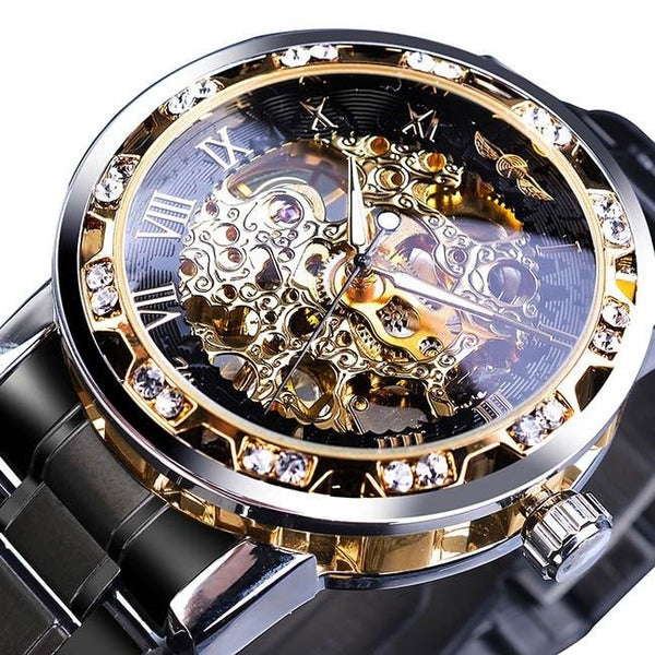 Ultra Luxury Diamond Design Mechanical Steel Skeleton Watch - Gold/Black/Black