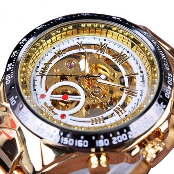 Ultra Luxury Automatic Skeleton Steel Watch - White/Gold/Gold