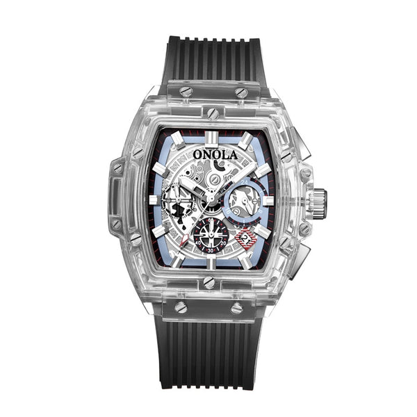 Luxury Transparent Chronograph Skeleton Quartz Watch - Blue/Black