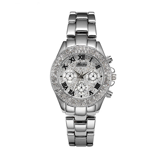 Luxury Diamond-Style Chronograph-Look Steel Band Watch - Silver